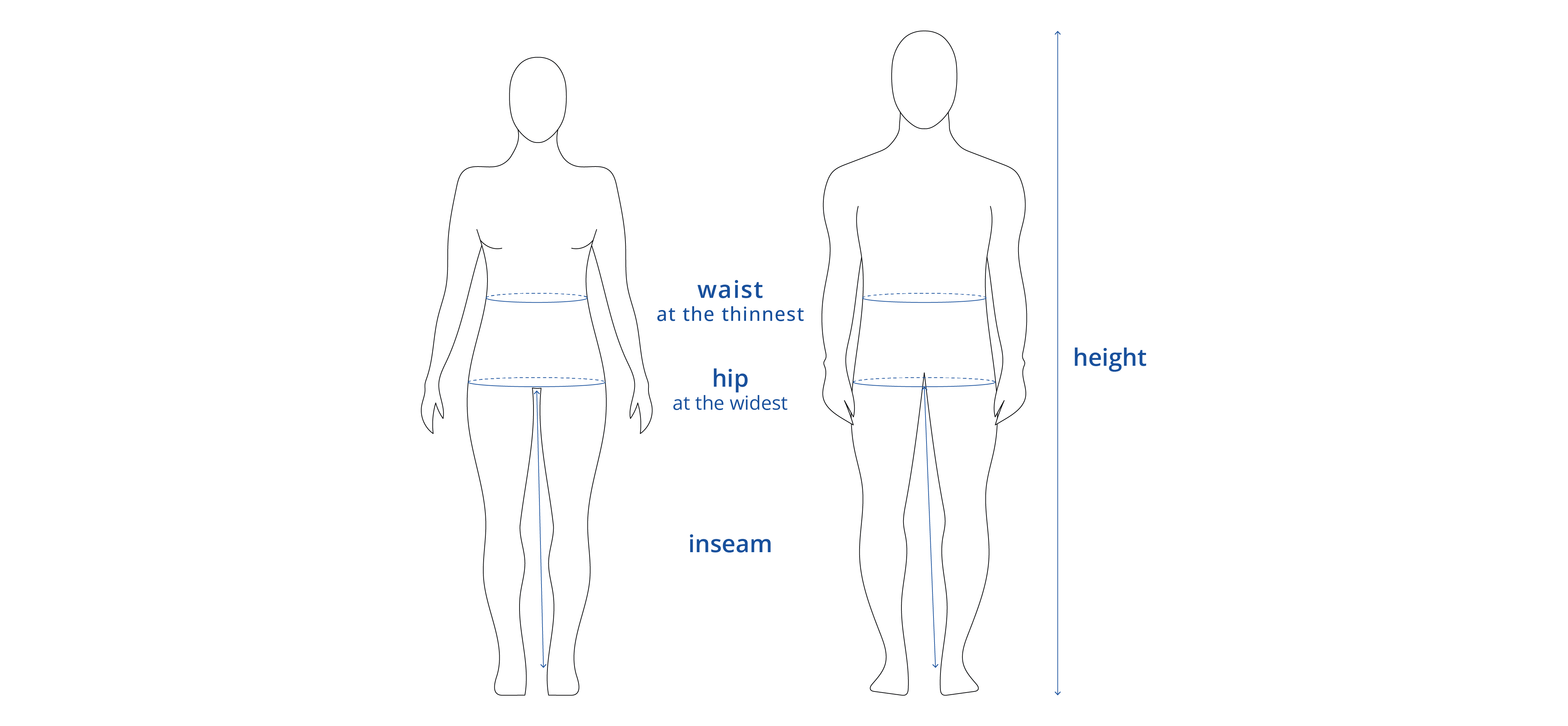 measuring height, waist, hip and inseam lengths